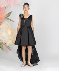 Kız Çocuk Siyah Çiçek Detaylı Asimetrik Abiye Elbise