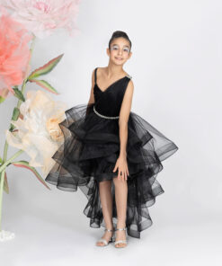 Kız Çocuk Siyah Taş Detaylı Asimetrik Tül Abiye Elbise