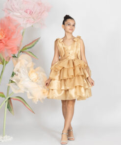 Kız Çocuk Altın Kat Kat Saten Abiye Elbise