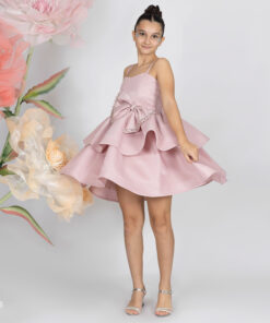 Kız Çocuk Pembe Fiyonk Detaylı Taşlı Saten Abiye Elbise