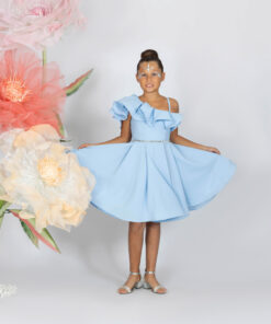 Kız Çocuk Mavi Taş Detaylı Tek Omuz Abiye Elbise