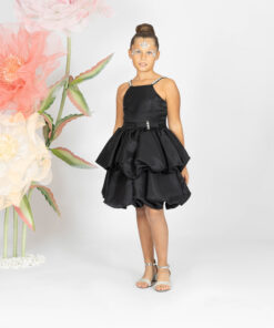 Kız Çocuk Siyah Taş Detaylı Kat Kat Saten Abiye Elbise