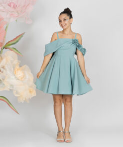 Kız Çocuk Mint Yeşili Çiçek Detaylı Tek Omuz Abiye Elbise