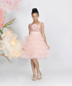 Kız Çocuk Pembe Çiçek Detaylı Payetli Tül Abiye Elbise