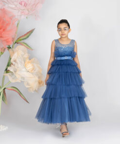 Kız Çocuk Mavi Payetli Kat Kat Tül Abiye Elbise