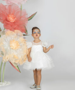 Kız Bebek Beyaz Dantel Detaylı Tül Abiye Elbise