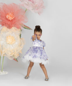 Kız Bebek Mor Çiçek Desenli Tül Abiye Elbise