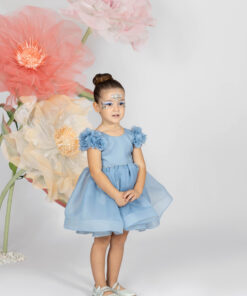 Kız Bebek Mavi Çiçek Detaylı Tül Abiye Elbise