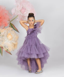 Kız Çocuk Lila Çiçek Detaylı Asimetrik Tül Abiye Elbise