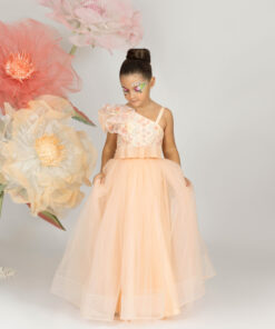 Kız Çocuk Şeftali Dantel Detaylı Tek Omuz Tül Abiye Elbise