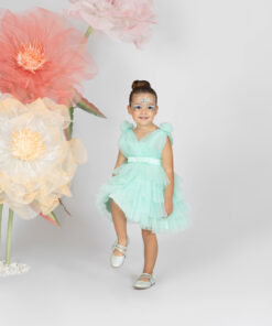 Kız Bebek Mint Yeşili Çiçek Detaylı Tül Abiye Elbise