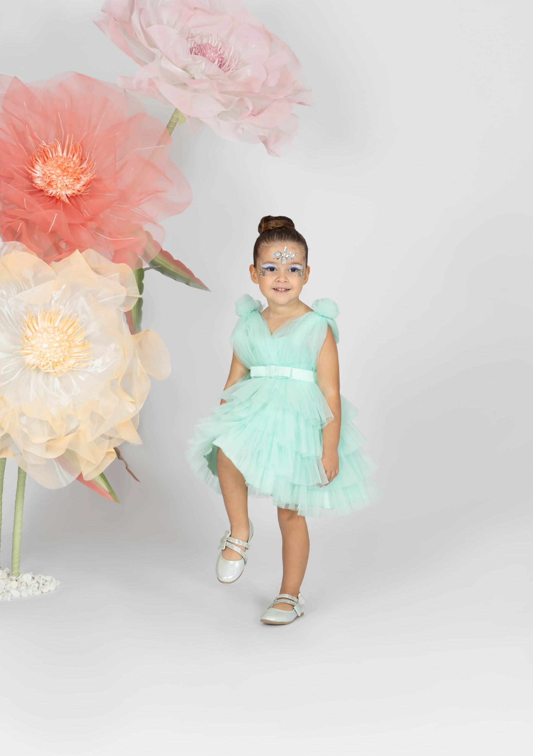 Kız Bebek Mint Yeşili Çiçek Detaylı Tül Abiye Elbise