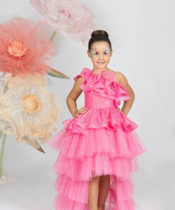Kız Çocuk Pembe Payetli Asimetrik Tül Abiye Elbise