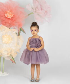 Kız Bebek Lila Çiçek Detaylı Tül Abiye Elbise