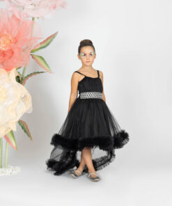Kız Çocuk Siyah Taş Detaylı Asimetrik Tül Abiye Elbise