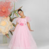 Kız Çocuk Pembe Çiçek Detaylı Tül Abiye Elbise