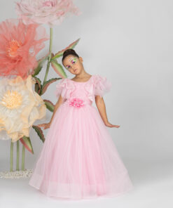 Kız Çocuk Pembe Çiçek Detaylı Tül Abiye Elbise
