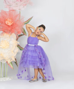 Kız Çocuk Lila Çiçek Detaylı Asimetrik Tül Abiye Elbise