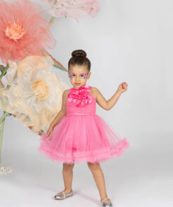 Kız Bebek Pembe Çiçek Detaylı Tül Abiye Elbise