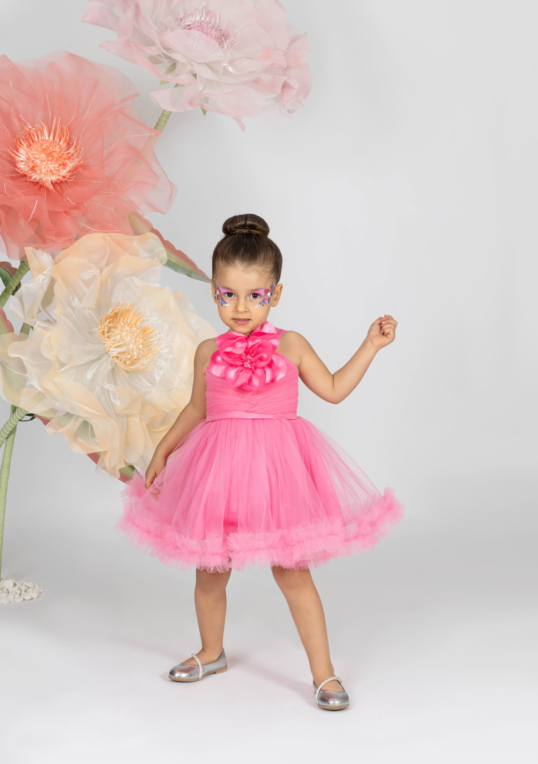 Kız Bebek Pembe Çiçek Detaylı Tül Abiye Elbise