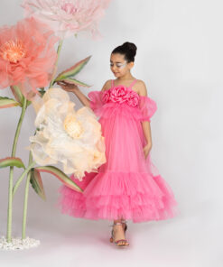 Kız Çocuk Pembe Çiçek Detaylı Tül Abiye Elbise