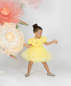 Kız Bebek Sarı Çiçek Detaylı Tül Abiye Elbise