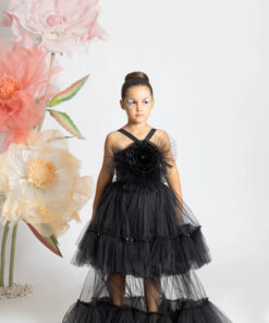 Kız Çocuk Siyah Çiçek Detaylı Asimetrik Tül Abiye Elbise