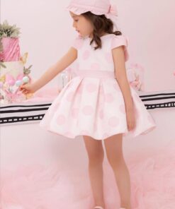 Kız Çocuk Pembe Puantiyeli Abiye Elbise ve Şapka Takım