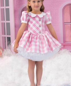 Kız Çocuk Pembe Kareli Abiye Elbise