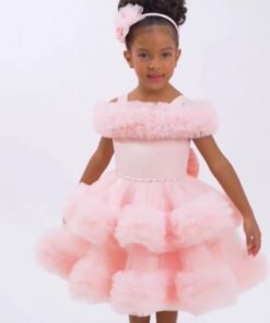 Kız Çocuk Pembe Tül Detaylı Abiye Elbise