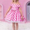 Kız Çocuk Pembe Kareli Elbise ve Saç Bandı Takım