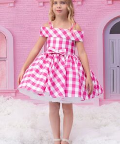 Kız Çocuk Pembe Kareli Elbise ve Saç Bandı Takım