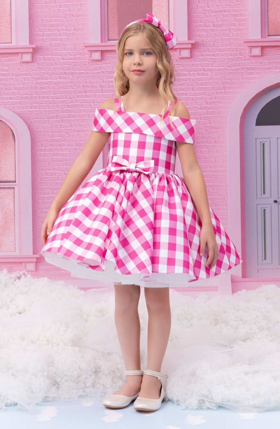 Kız Çocuk Pembe Kareli Elbise ve Saç Bandı Takım