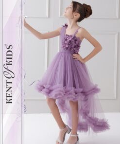 Kız Çocuk Mor Tül Çiçek Detaylı Asimetrik Abiye Elbise