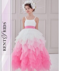 Kız Çocuk Beyaz-Pembe Tül Detaylı Abiye Elbise