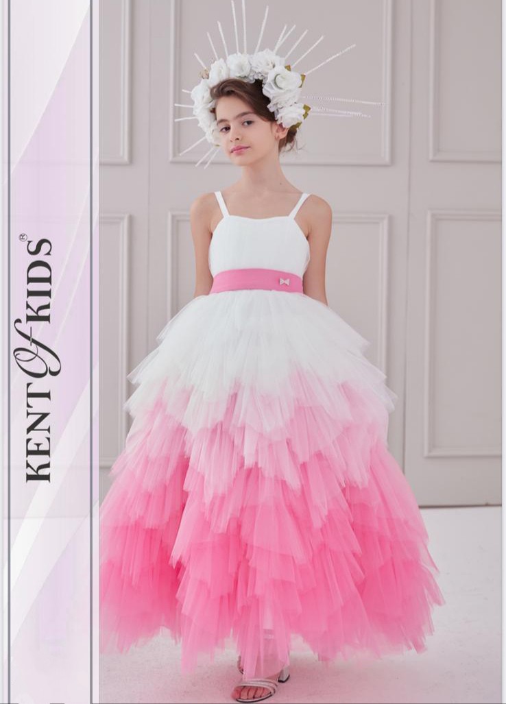 Kız Çocuk Beyaz-Pembe Tül Detaylı Abiye Elbise