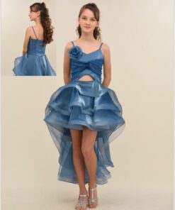 Kız Çocuk Mavi Çiçek Detaylı Asimetrik Abiye Elbise