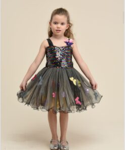 Kız Çocuk Siyah Pullu Kelebek Detaylı Abiye Elbise