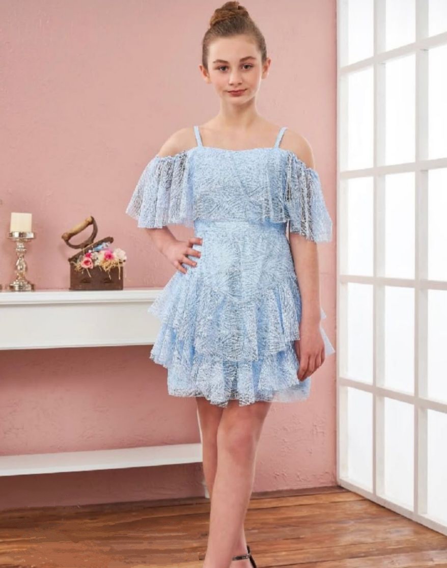 Kız Çocuk Mavi Dantel Detaylı Elbise