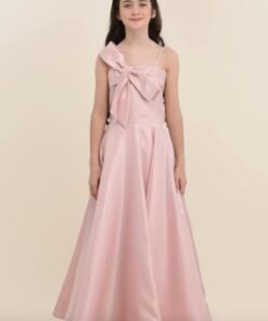 Kız Çocuk Pembe Fiyonk Detaylı Saten Abiye Elbise